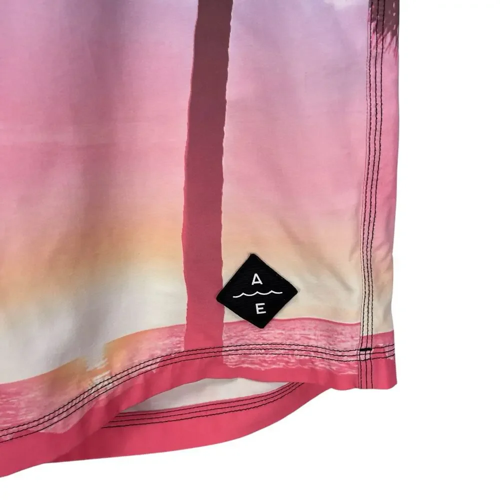AMERICAN EAGLE Men's SWIM TRUNKS Palm Pink Blue PALM TREES Size MEDIUM